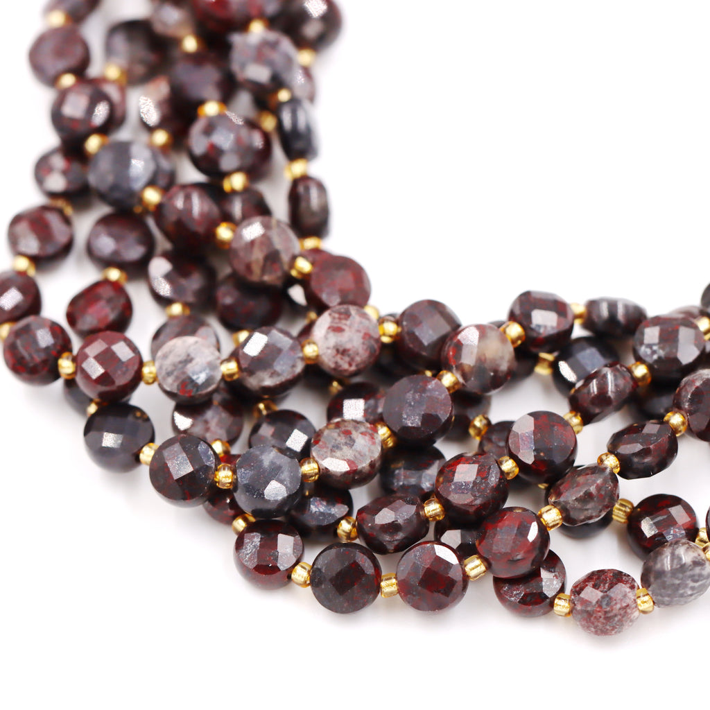 Malahill faceted flat round stone beads for jewelry making, sold per bag 5 strands inside, Poppy Jasper beads