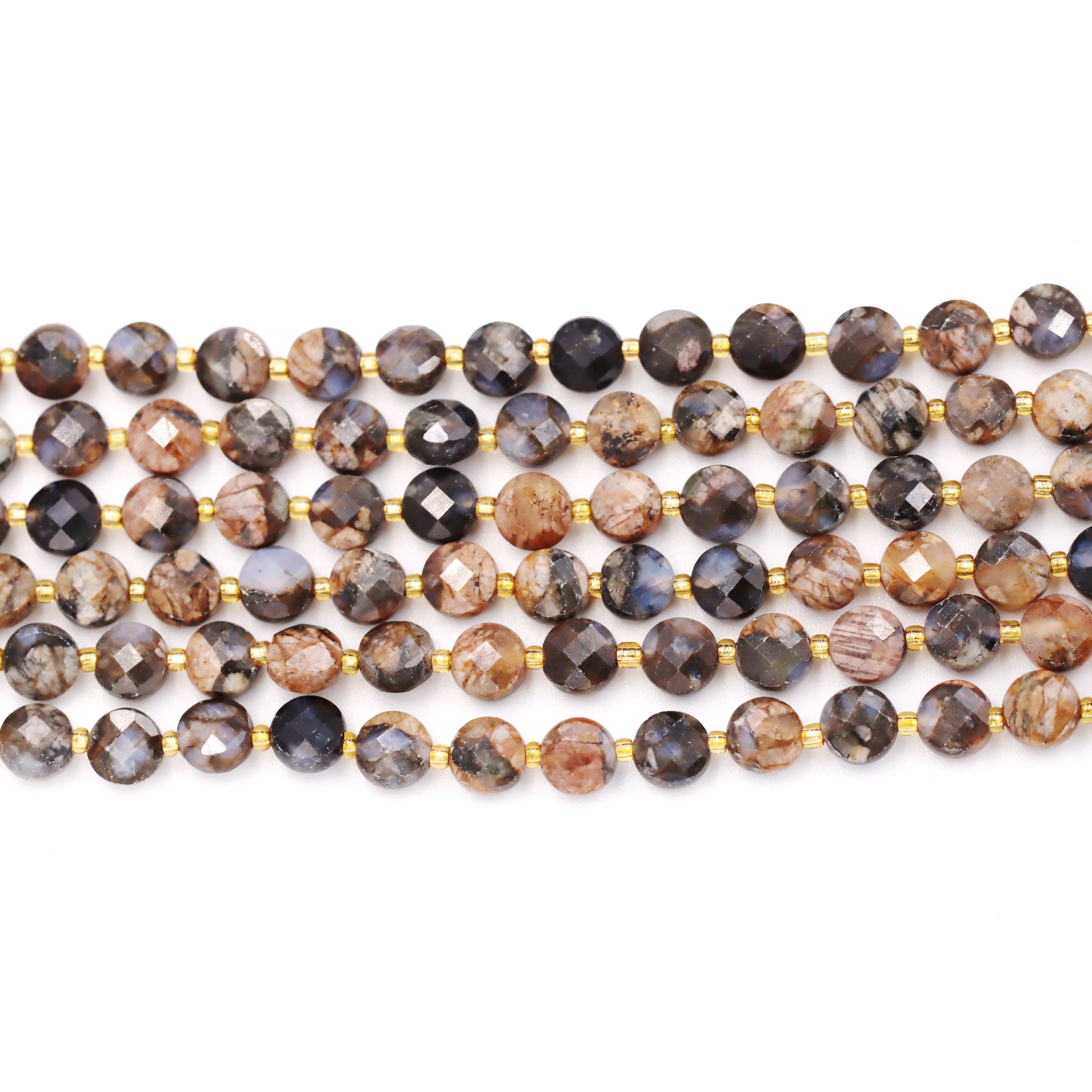 Malahill faceted flat round stone beads for jewelry making, sold per bag 5 strands inside, Grey Opal beads