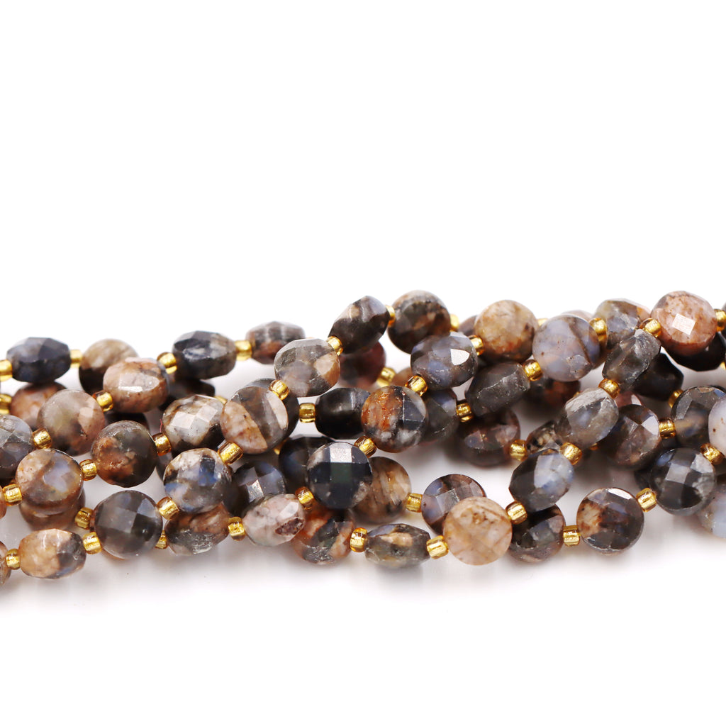 Malahill faceted flat round stone beads for jewelry making, sold per bag 5 strands inside, Grey Opal beads