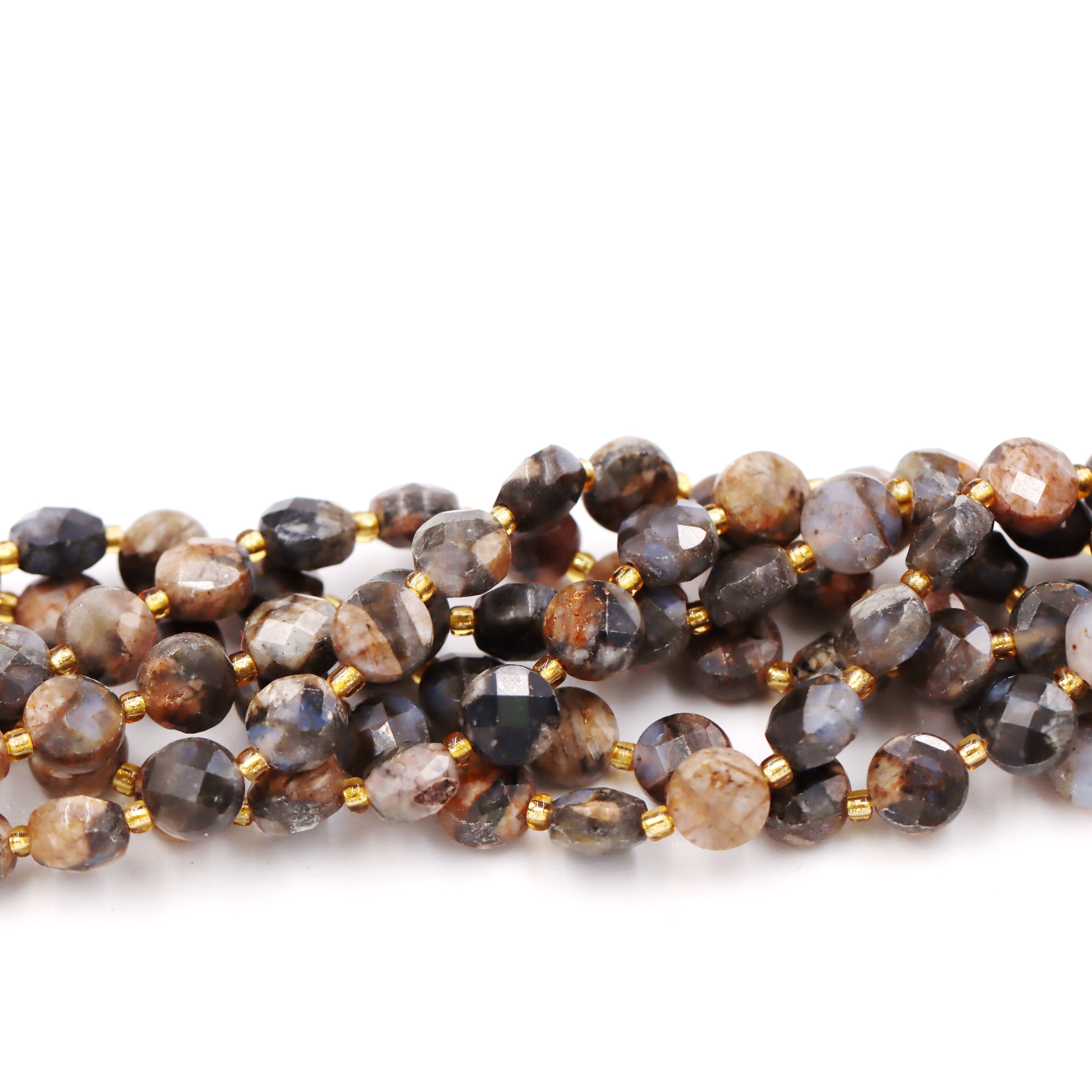 Malahill faceted flat round stone beads for jewelry making, sold per bag 5 strands inside, Grey Opal beads