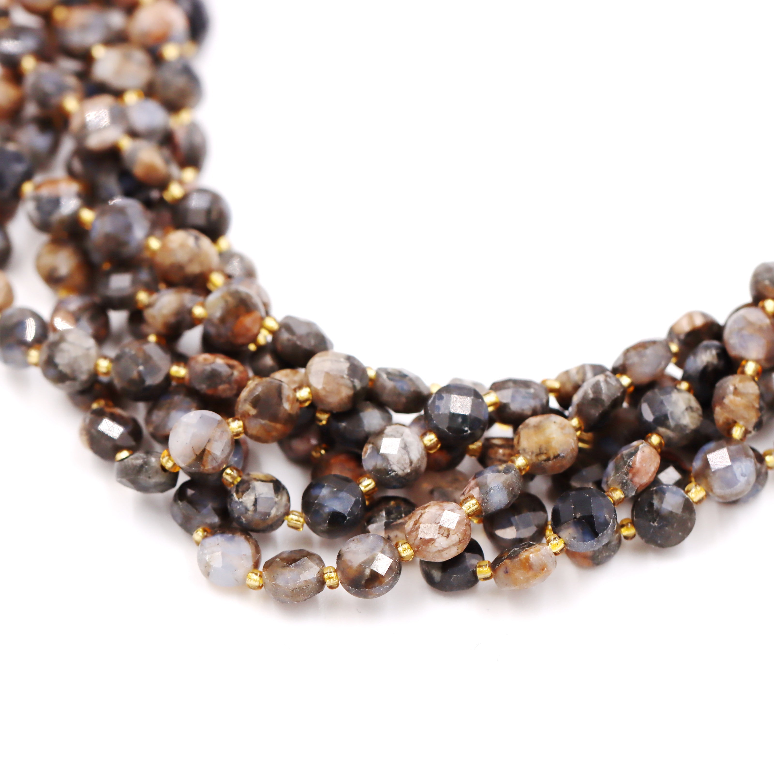 Malahill faceted flat round stone beads for jewelry making, sold per bag 5 strands inside, Grey Opal beads