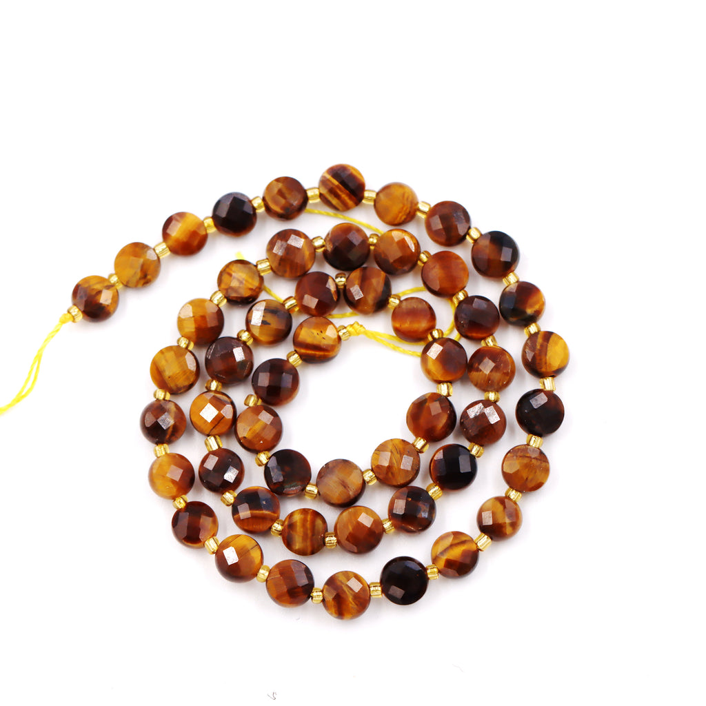 Malahill faceted flat round stone beads for jewelry making, sold per bag 5 strands inside, Tiger's Eye beads