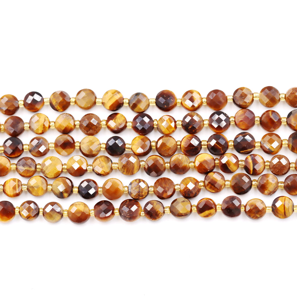 Malahill faceted flat round stone beads for jewelry making, sold per bag 5 strands inside, Tiger's Eye beads