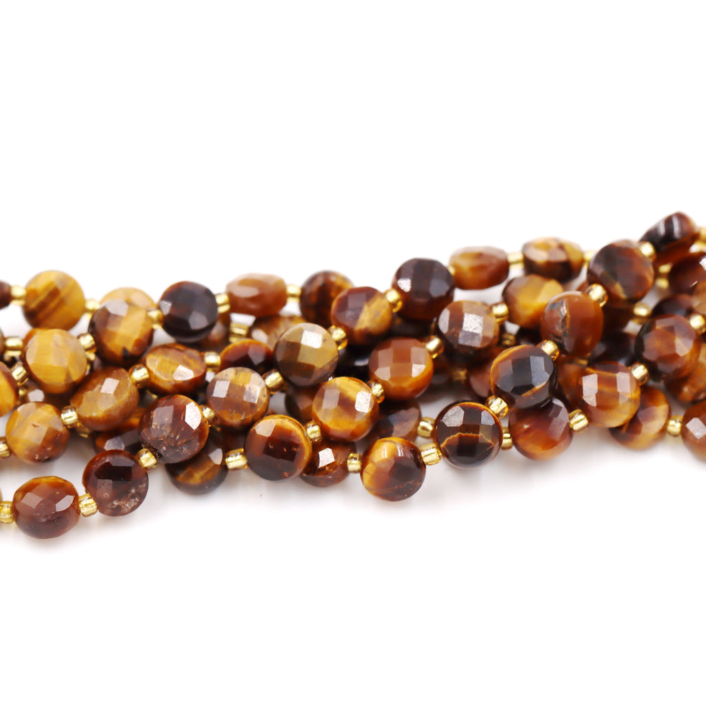 Malahill faceted flat round stone beads for jewelry making, sold per bag 5 strands inside, Tiger's Eye beads