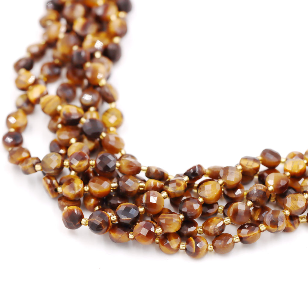 Malahill faceted flat round stone beads for jewelry making, sold per bag 5 strands inside, Tiger's Eye beads
