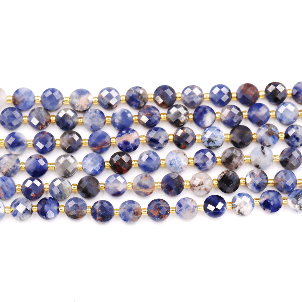Malahill faceted flat round stone beads for jewelry making, sold per bag 5 strands inside, Sodalite AB beads
