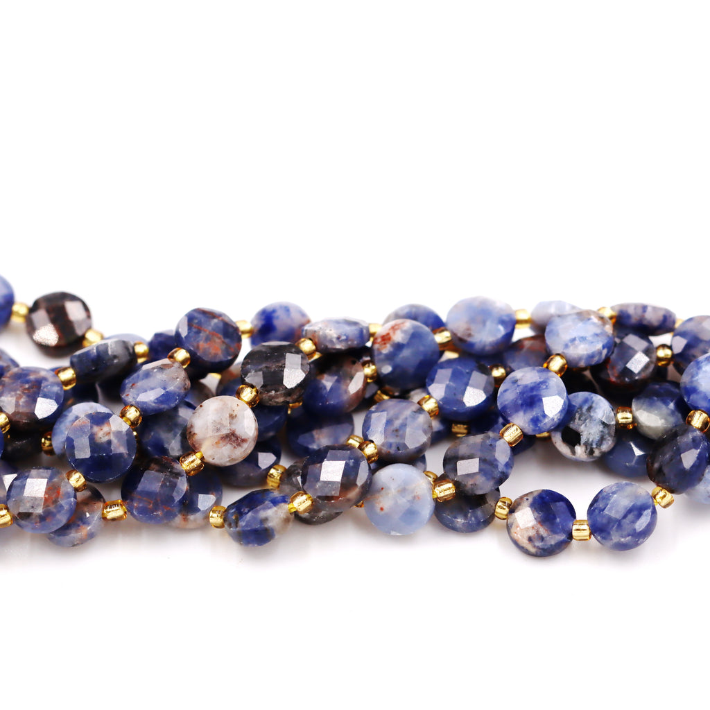 Malahill faceted flat round stone beads for jewelry making, sold per bag 5 strands inside, Sodalite AB beads