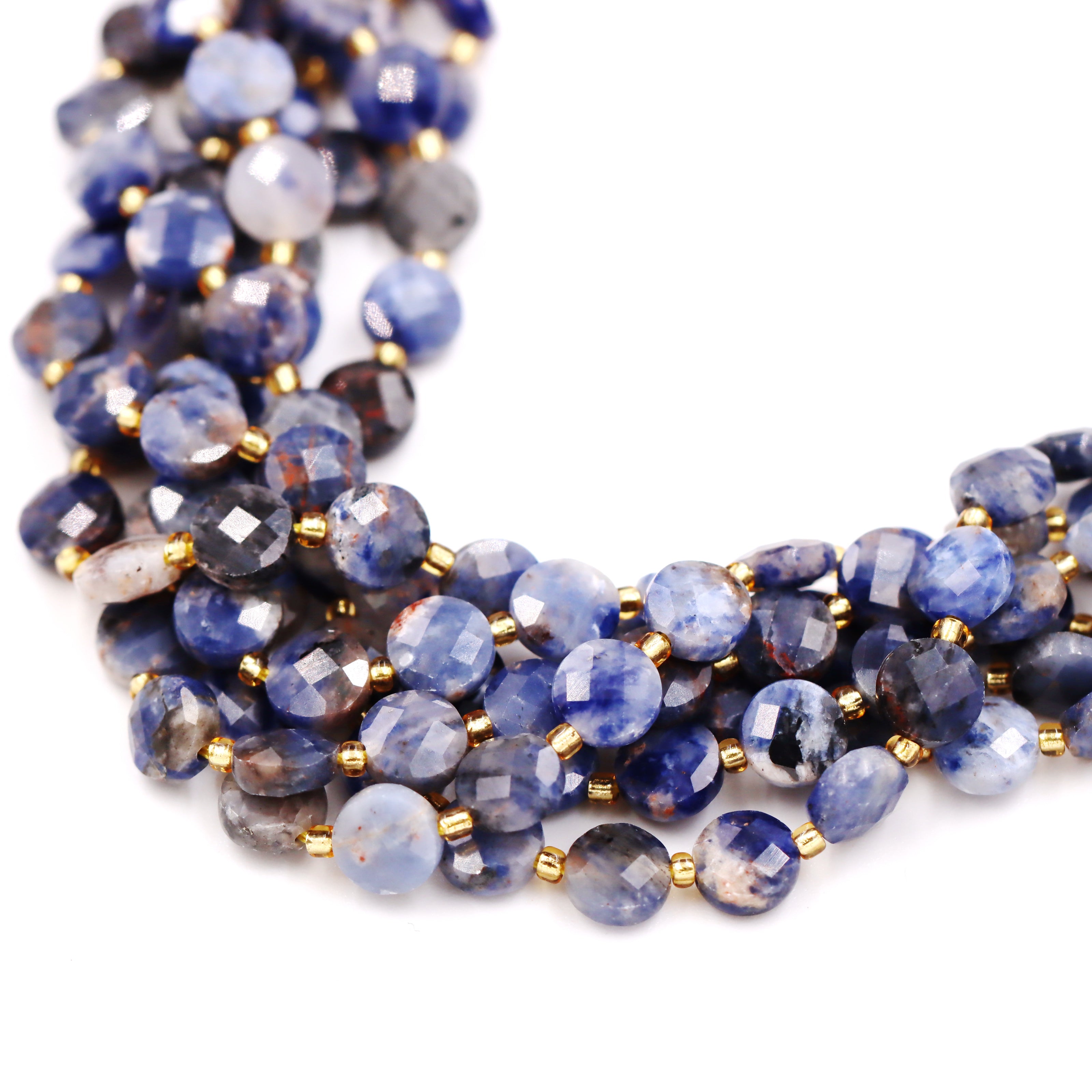 Malahill faceted flat round stone beads for jewelry making, sold per bag 5 strands inside, Sodalite AB beads