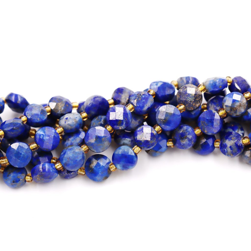 Malahill faceted flat round stone beads for jewelry making, sold per bag 5 strands inside, Lapis A Jasper beads