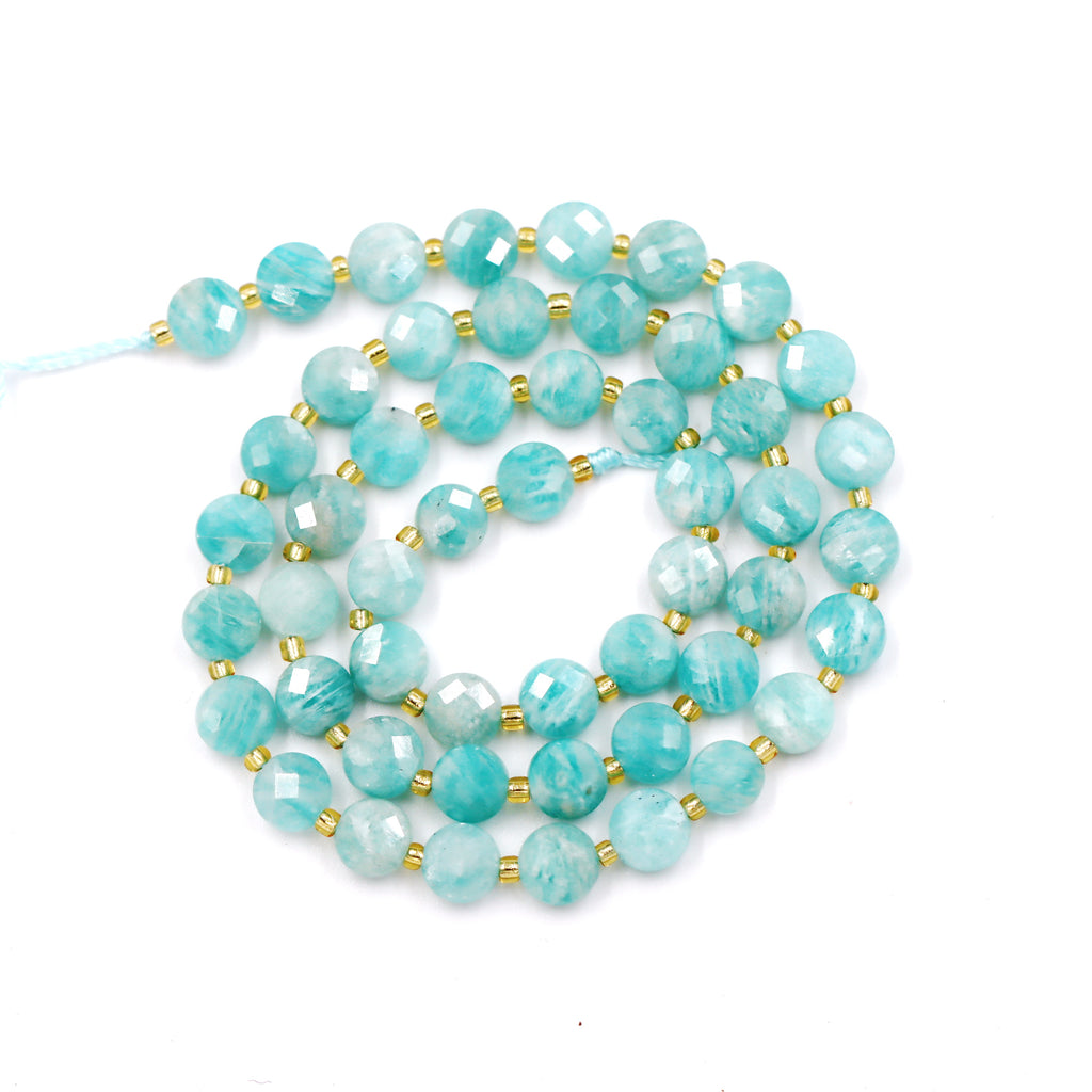 Malahill faceted flat round stone beads for jewelry making, sold per bag 5 strands inside, Russia Amazonite A beads