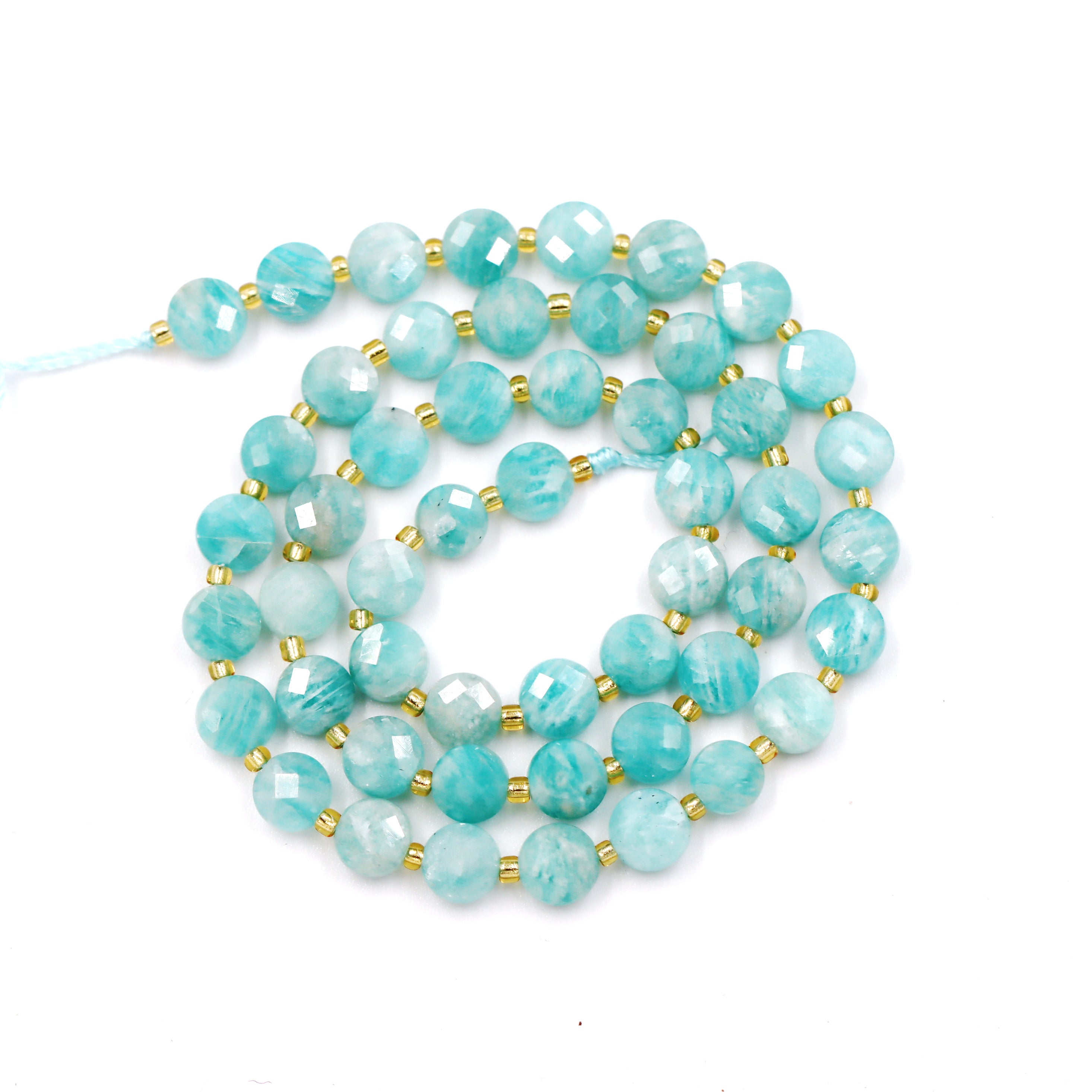 Malahill faceted flat round stone beads for jewelry making, sold per bag 5 strands inside, Russia Amazonite A beads