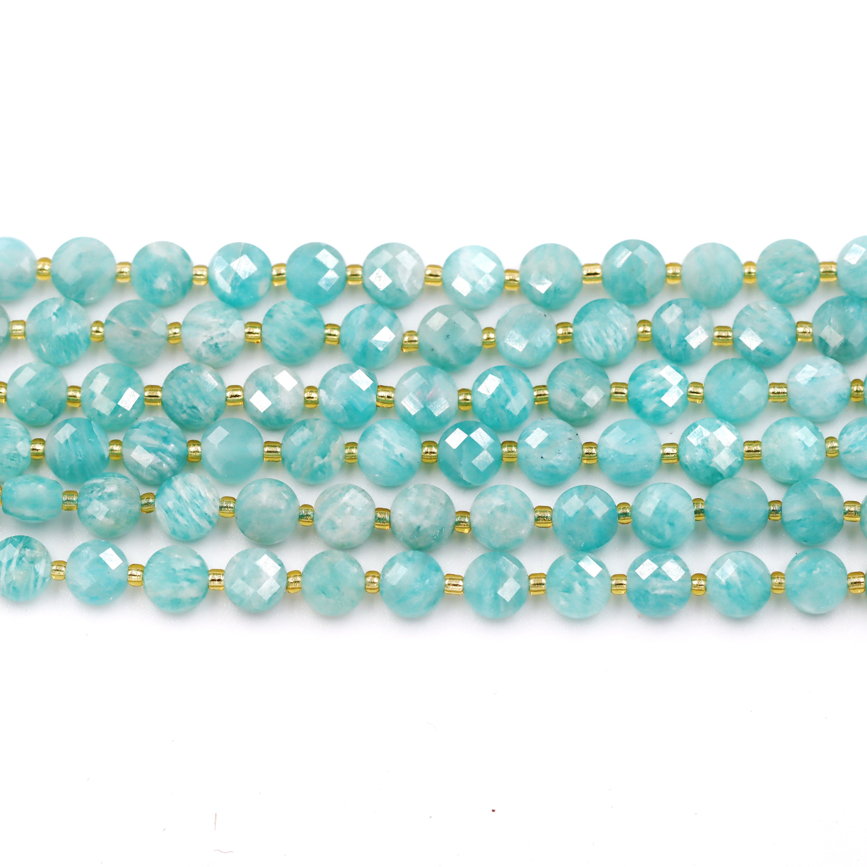 Malahill faceted flat round stone beads for jewelry making, sold per bag 5 strands inside, Russia Amazonite A beads