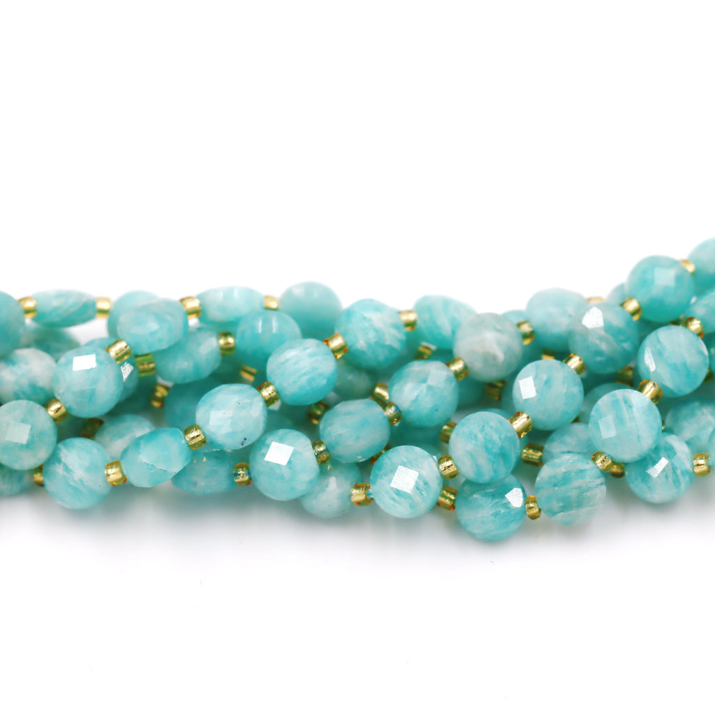 Malahill faceted flat round stone beads for jewelry making, sold per bag 5 strands inside, Russia Amazonite A beads
