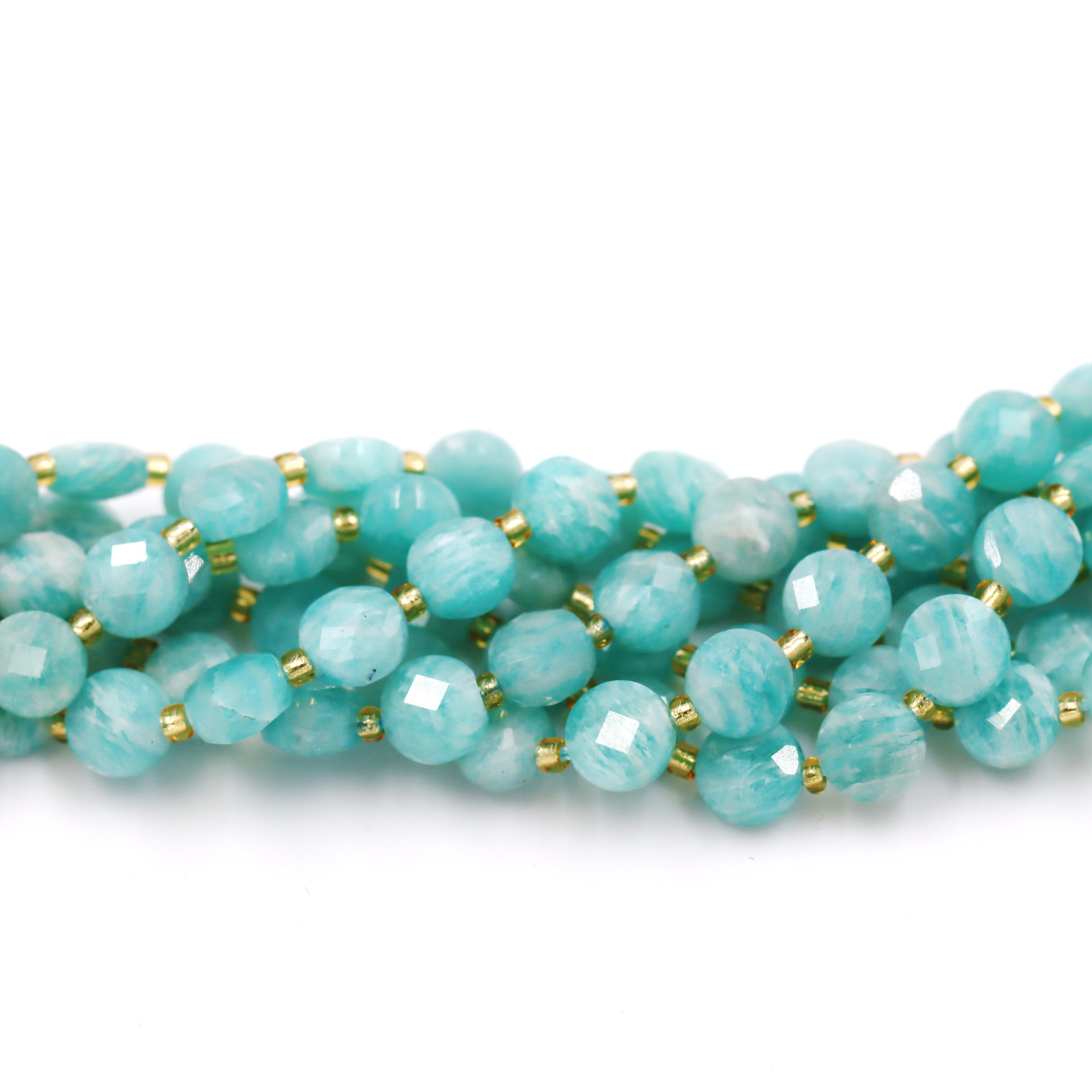 Malahill faceted flat round stone beads for jewelry making, sold per bag 5 strands inside, Russia Amazonite A beads