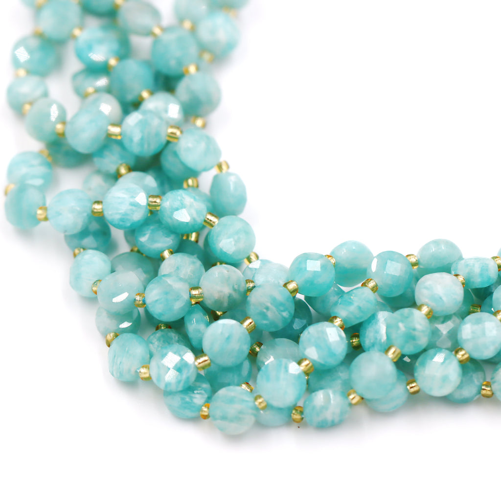 Malahill faceted flat round stone beads for jewelry making, sold per bag 5 strands inside, Russia Amazonite A beads