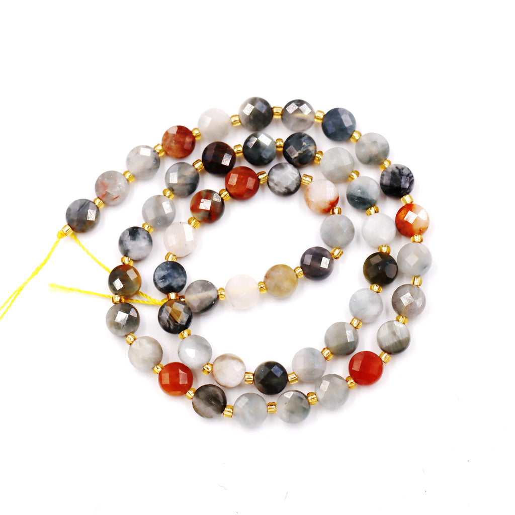 Malahill faceted flat round stone beads for jewelry making, sold per bag 5 strands inside, Fire Eagle Eye Jasper beads