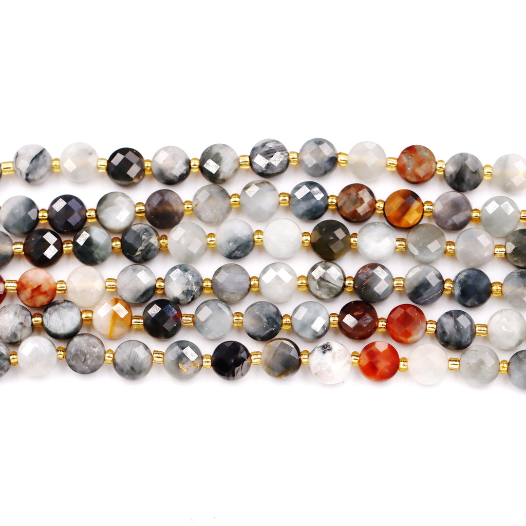 Malahill faceted flat round stone beads for jewelry making, sold per bag 5 strands inside, Fire Eagle Eye Jasper beads