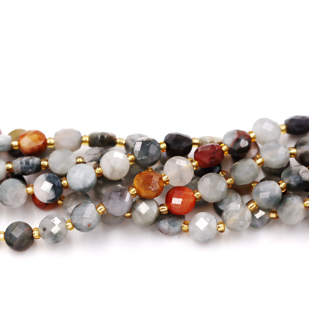 Malahill faceted flat round stone beads for jewelry making, sold per bag 5 strands inside, Fire Eagle Eye Jasper beads