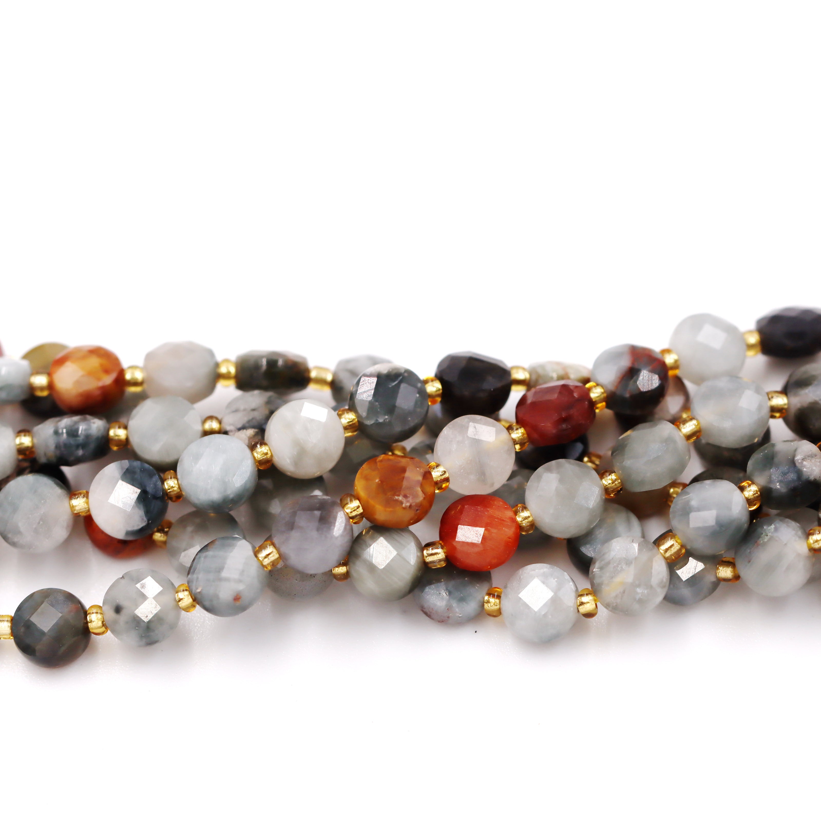 Malahill faceted flat round stone beads for jewelry making, sold per bag 5 strands inside, Fire Eagle Eye Jasper beads