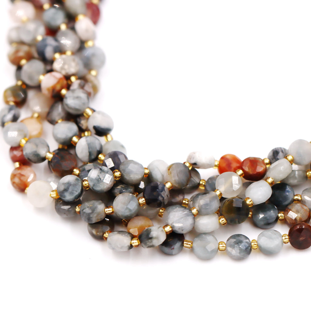 Malahill faceted flat round stone beads for jewelry making, sold per bag 5 strands inside, Fire Eagle Eye Jasper beads