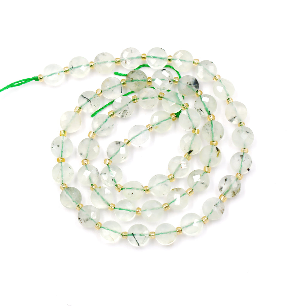 Malahill faceted flat round stone beads for jewelry making, sold per bag 5 strands inside, Prehnite A beads