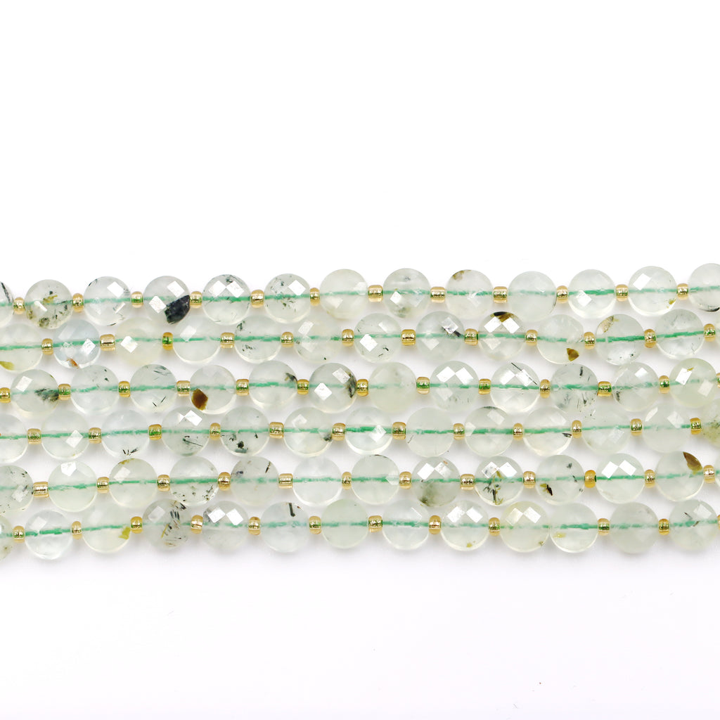 Malahill faceted flat round stone beads for jewelry making, sold per bag 5 strands inside, Prehnite A beads