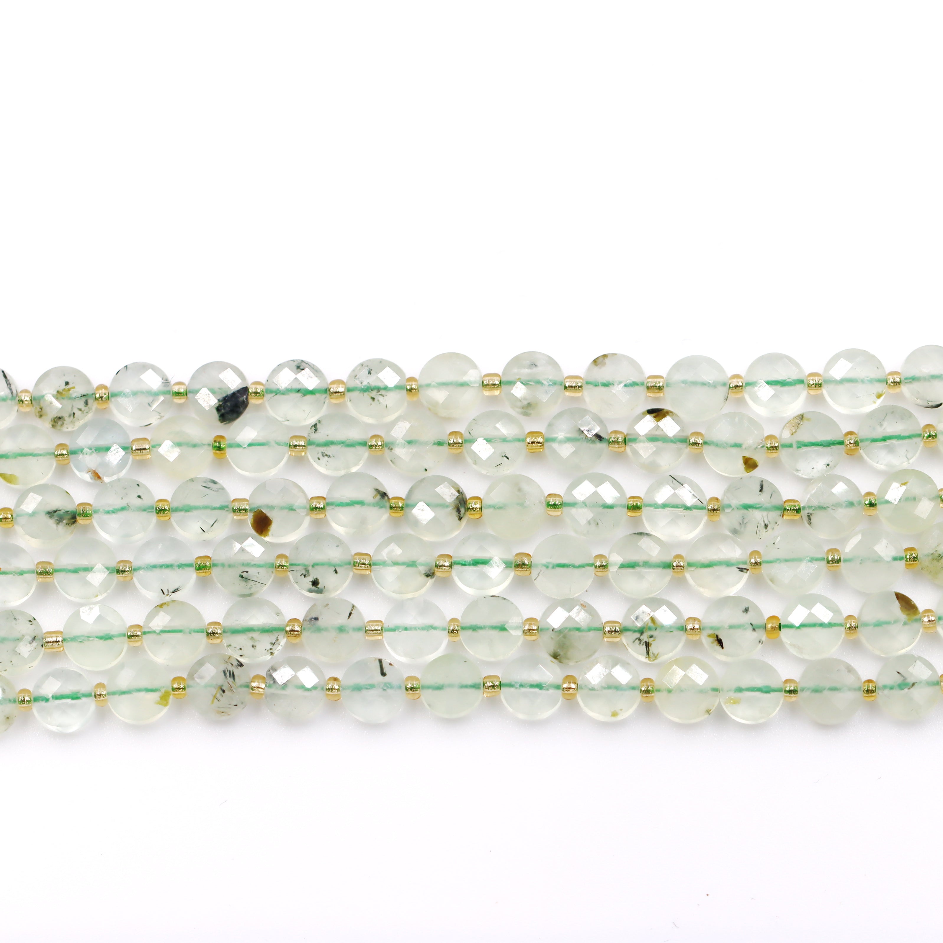 Malahill faceted flat round stone beads for jewelry making, sold per bag 5 strands inside, Prehnite A beads