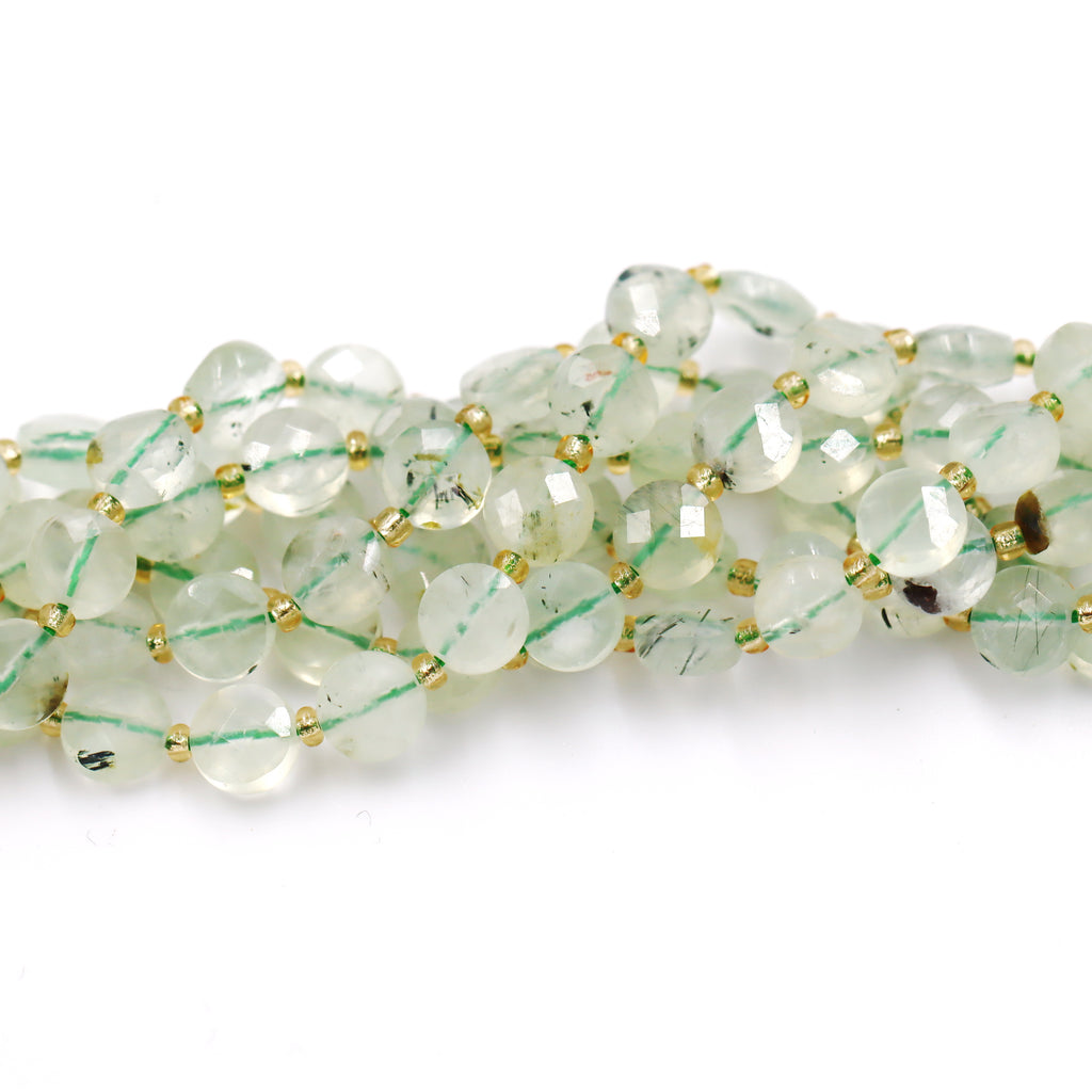 Malahill faceted flat round stone beads for jewelry making, sold per bag 5 strands inside, Prehnite A beads
