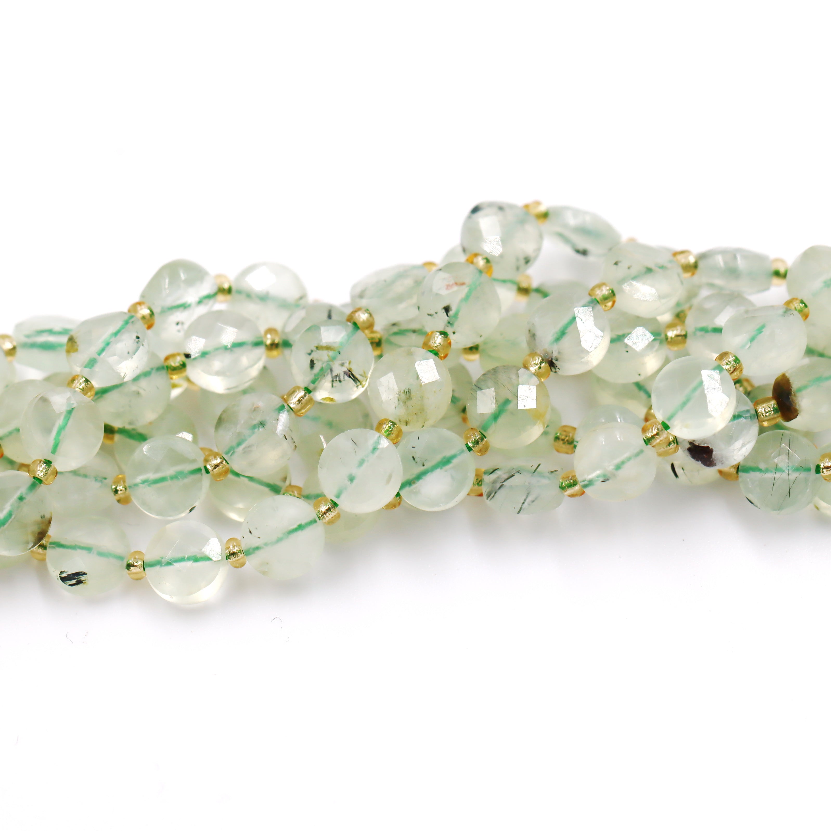 Malahill faceted flat round stone beads for jewelry making, sold per bag 5 strands inside, Prehnite A beads