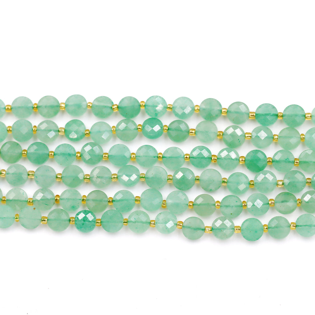 Malahill faceted flat round stone beads for jewelry making, sold per bag 5 strands inside, Green Aventurine Jasper beads
