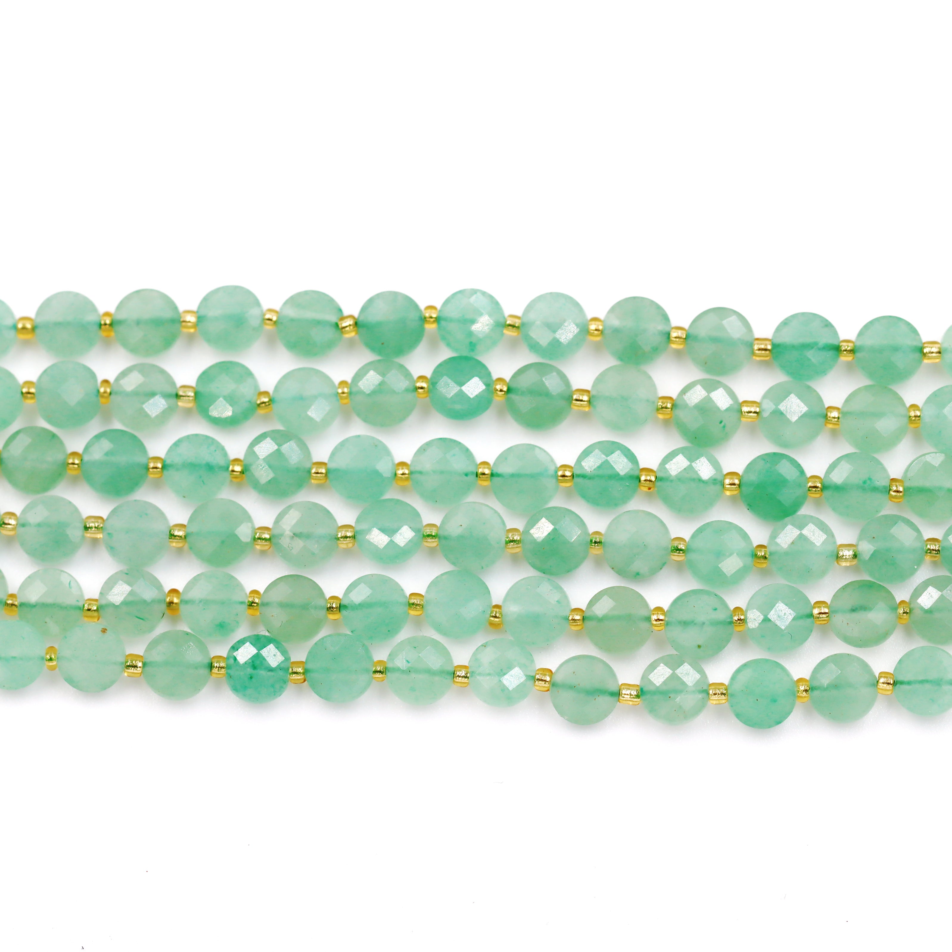 Malahill faceted flat round stone beads for jewelry making, sold per bag 5 strands inside, Green Aventurine Jasper beads