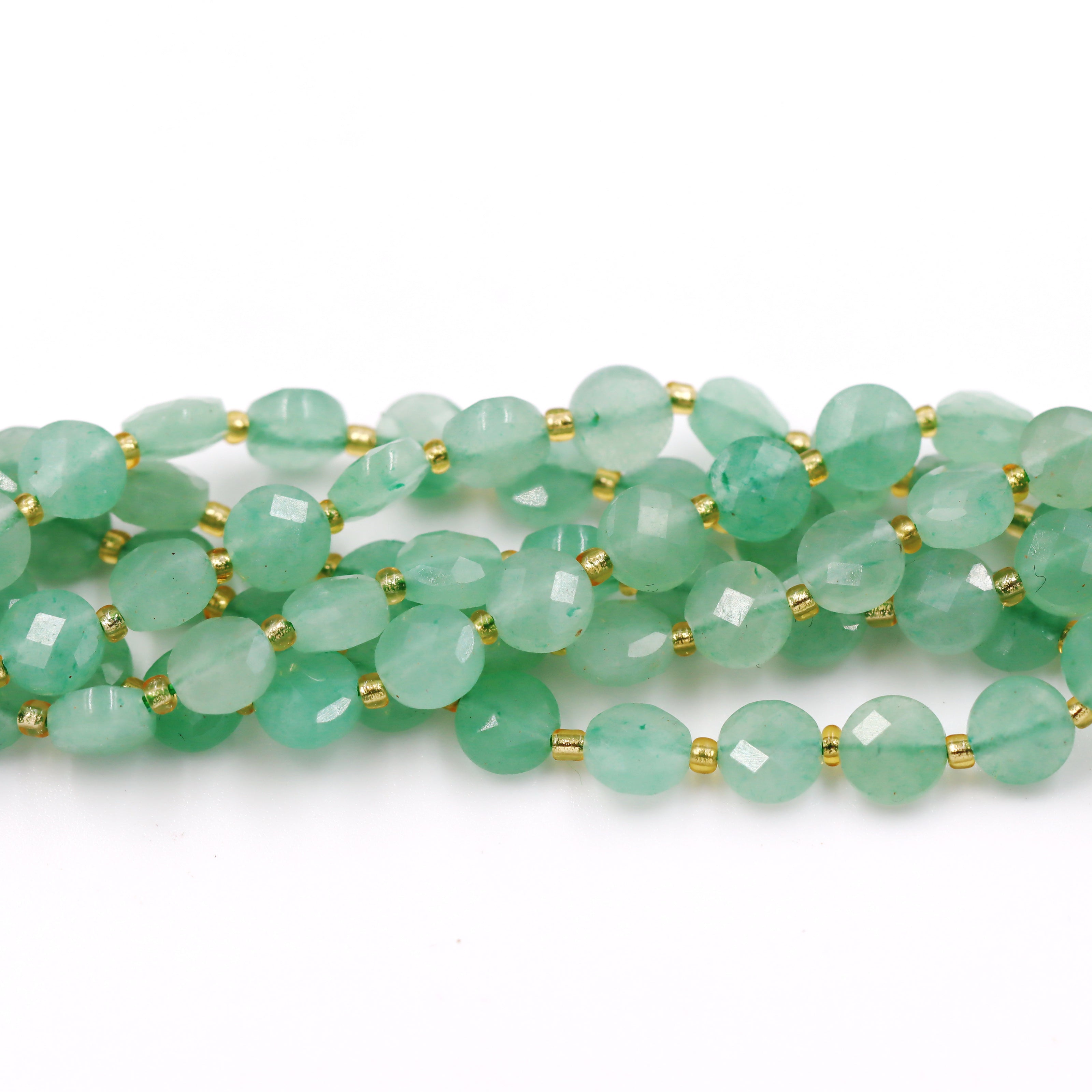 Malahill faceted flat round stone beads for jewelry making, sold per bag 5 strands inside, Green Aventurine Jasper beads