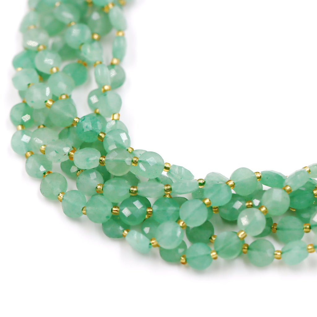 Malahill faceted flat round stone beads for jewelry making, sold per bag 5 strands inside, Green Aventurine Jasper beads