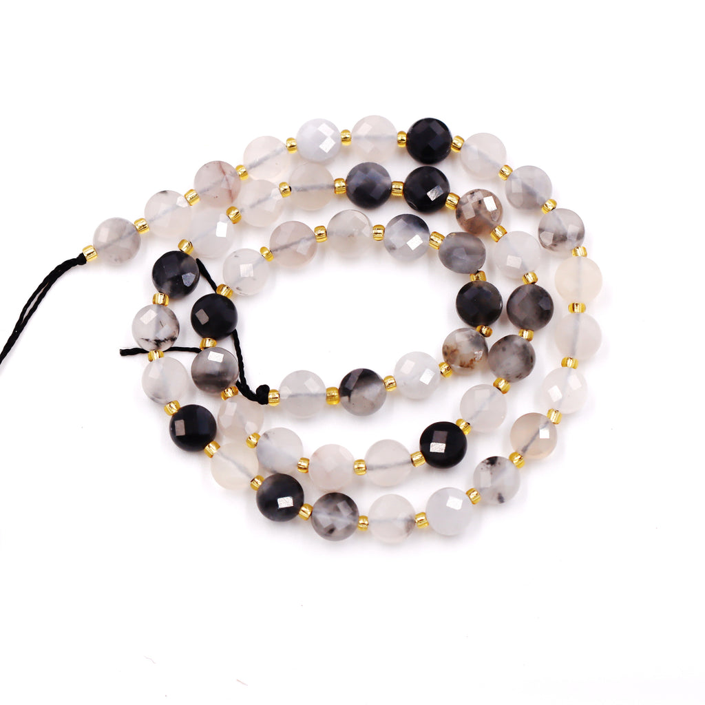 Malahill faceted flat round stone beads for jewelry making, sold per bag 5 strands inside, Grey Quartz beads