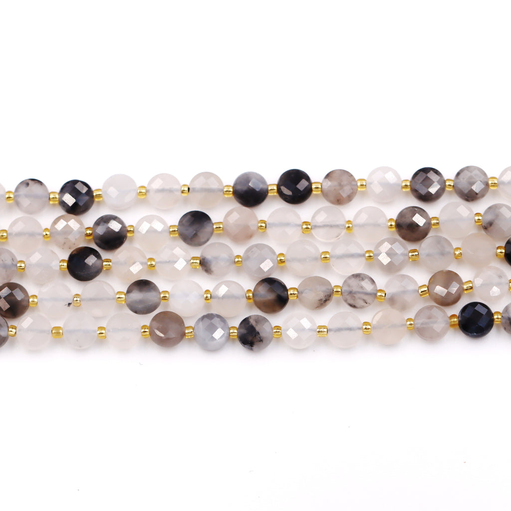 Malahill faceted flat round stone beads for jewelry making, sold per bag 5 strands inside, Grey Quartz beads