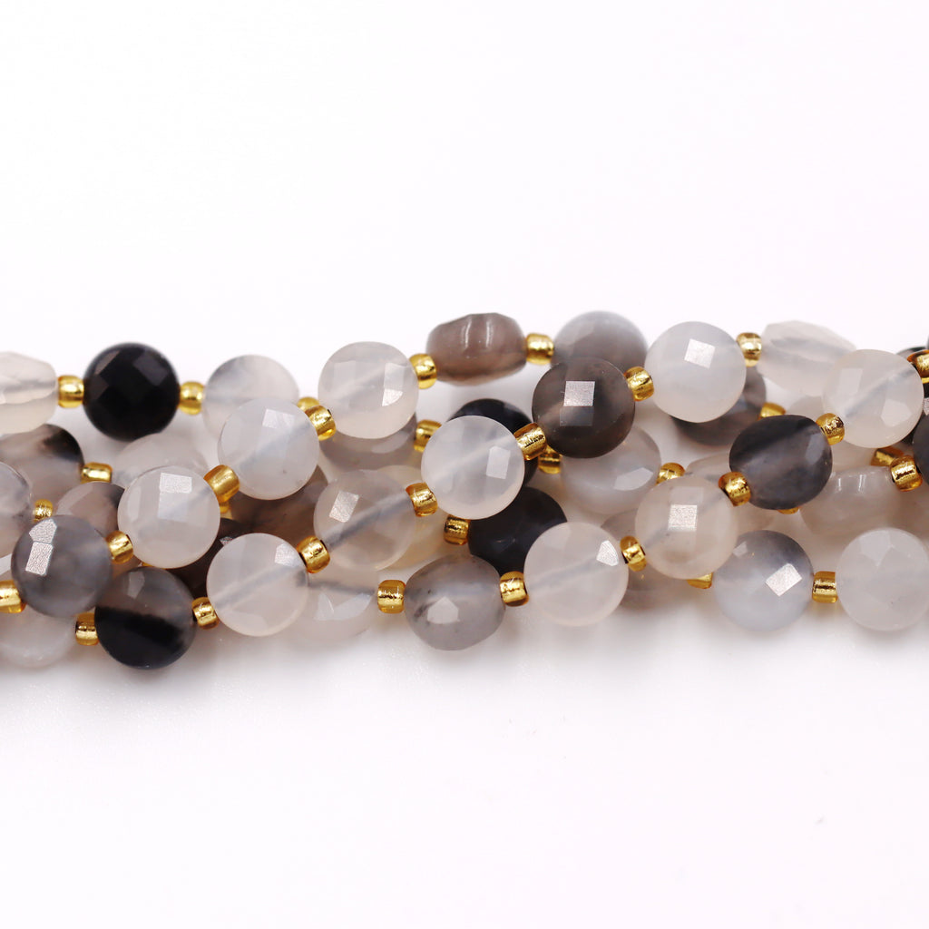 Malahill faceted flat round stone beads for jewelry making, sold per bag 5 strands inside, Grey Quartz beads