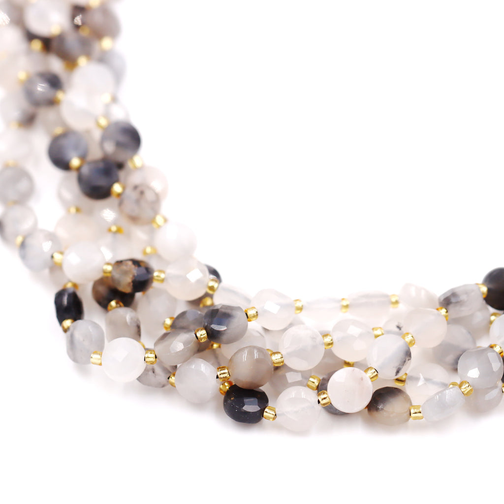 Malahill faceted flat round stone beads for jewelry making, sold per bag 5 strands inside, Grey Quartz beads