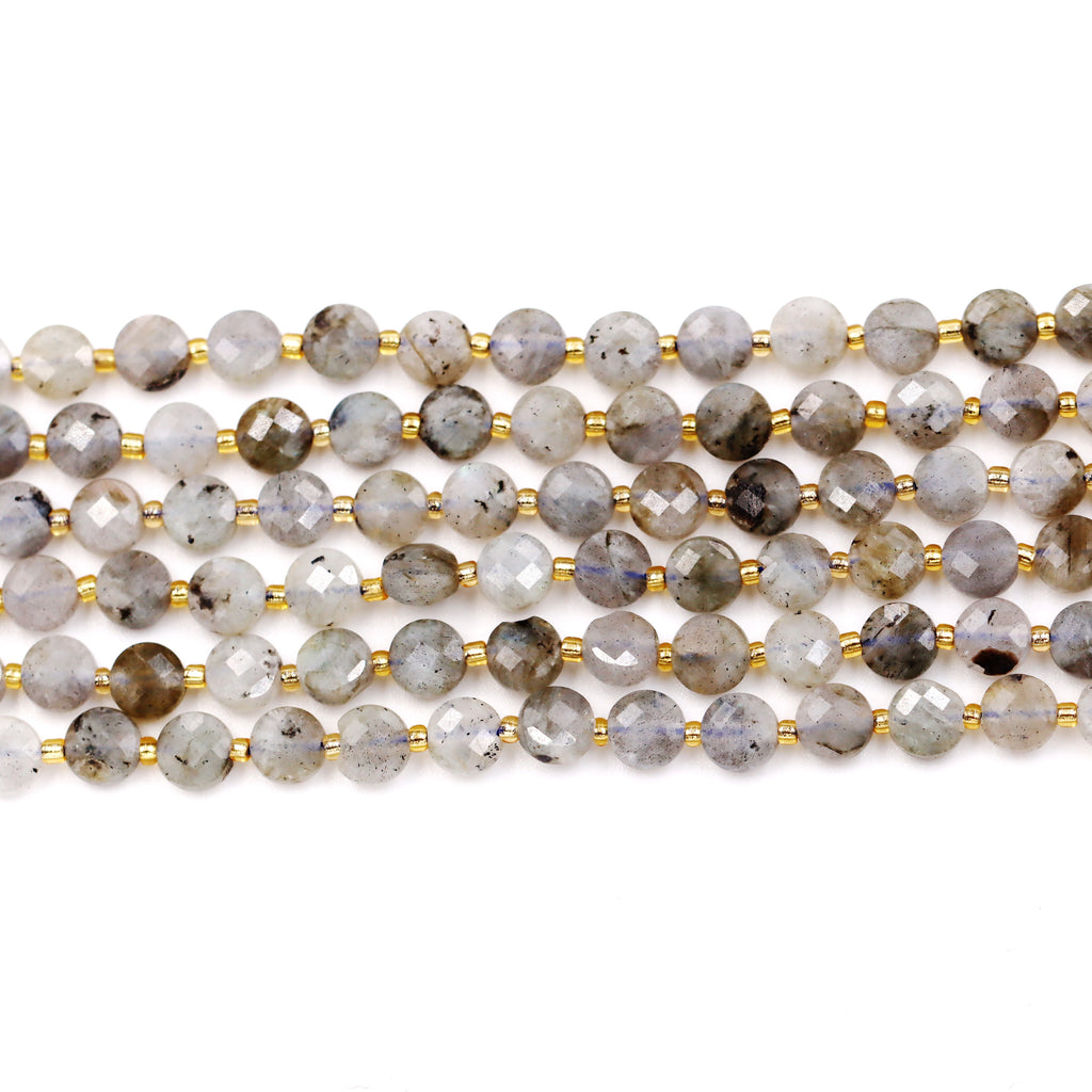 Malahill faceted flat round stone beads for jewelry making, sold per bag 5 strands inside, Labradorite A beads