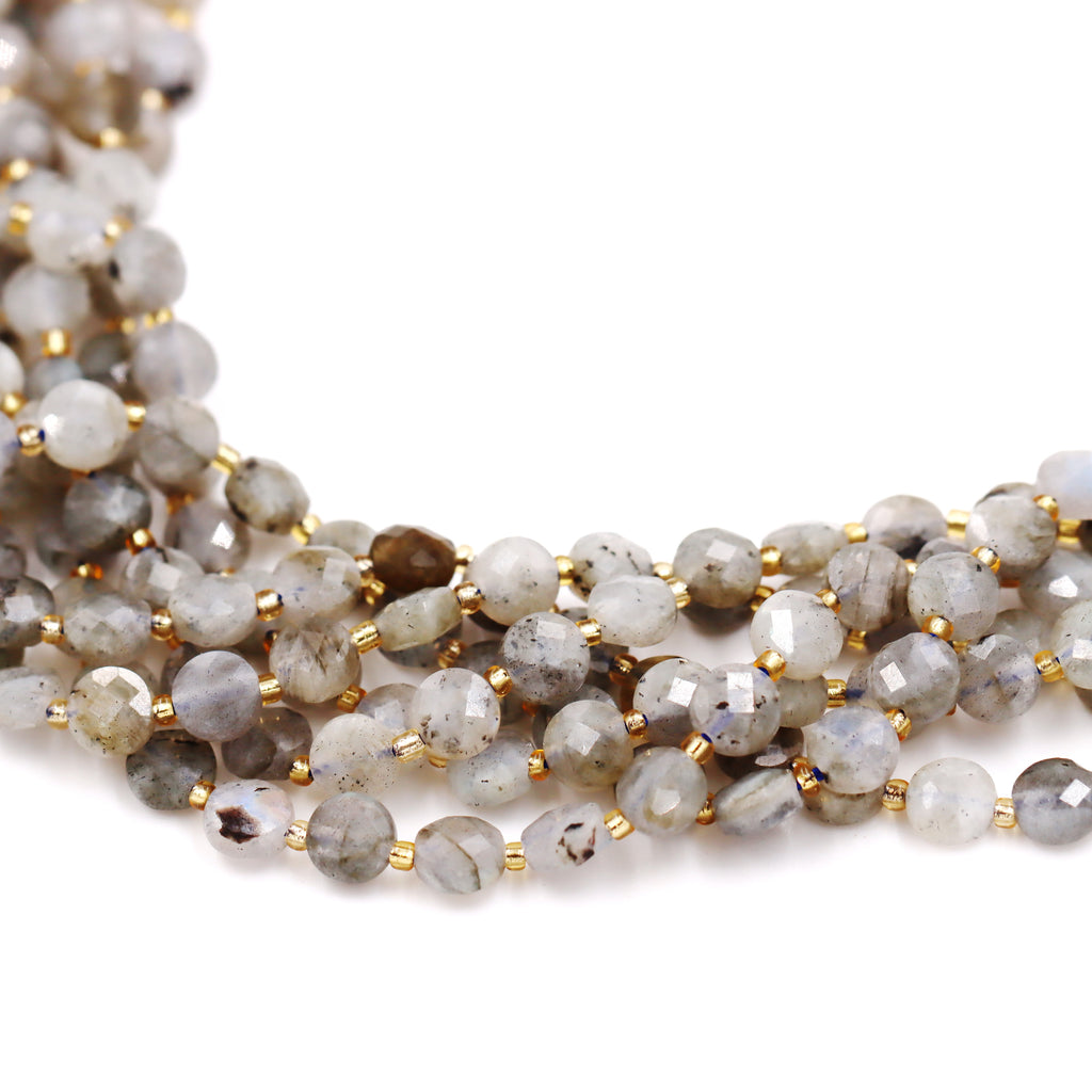 Malahill faceted flat round stone beads for jewelry making, sold per bag 5 strands inside, Labradorite A beads