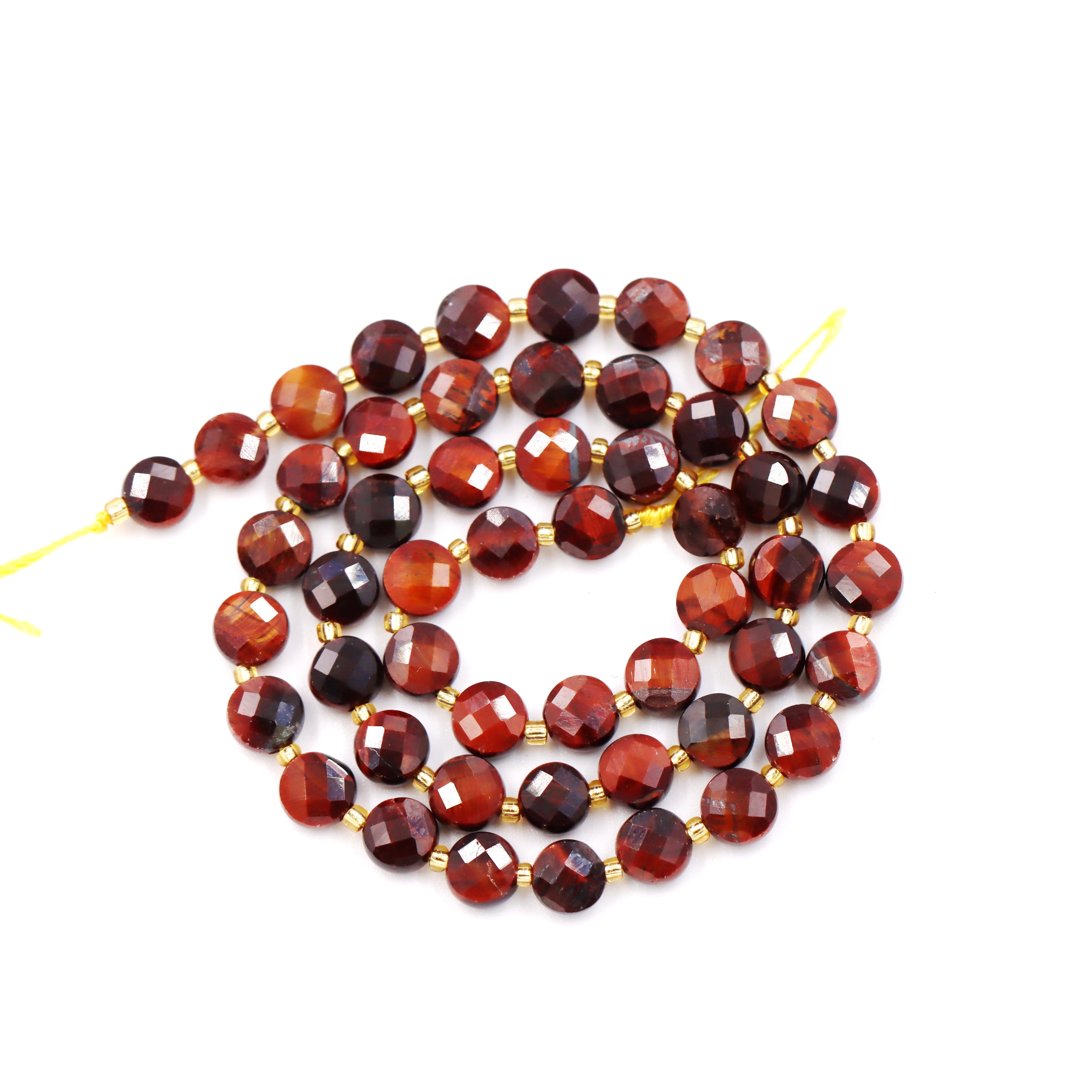 Malahill faceted flat round stone beads for jewelry making, sold per bag 5 strands inside, Red Tiger's Eye beads