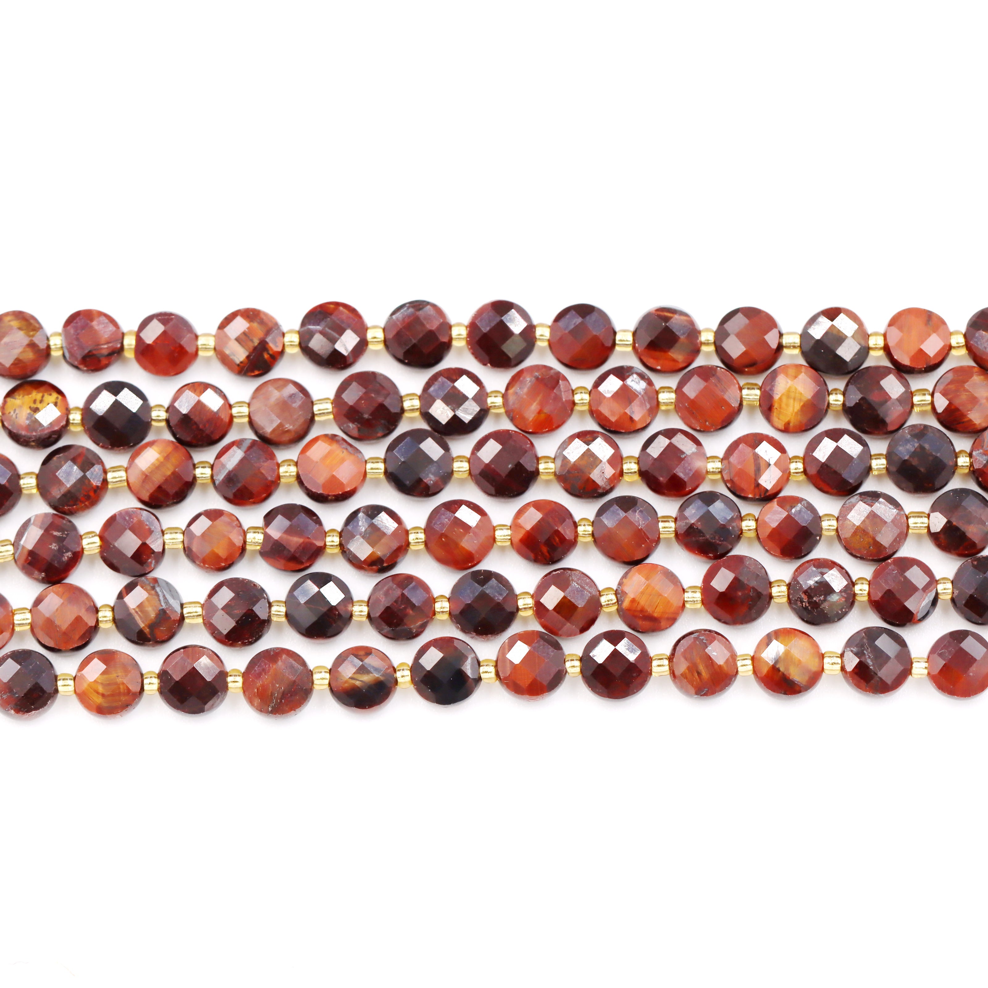Malahill faceted flat round stone beads for jewelry making, sold per bag 5 strands inside, Red Tiger's Eye beads