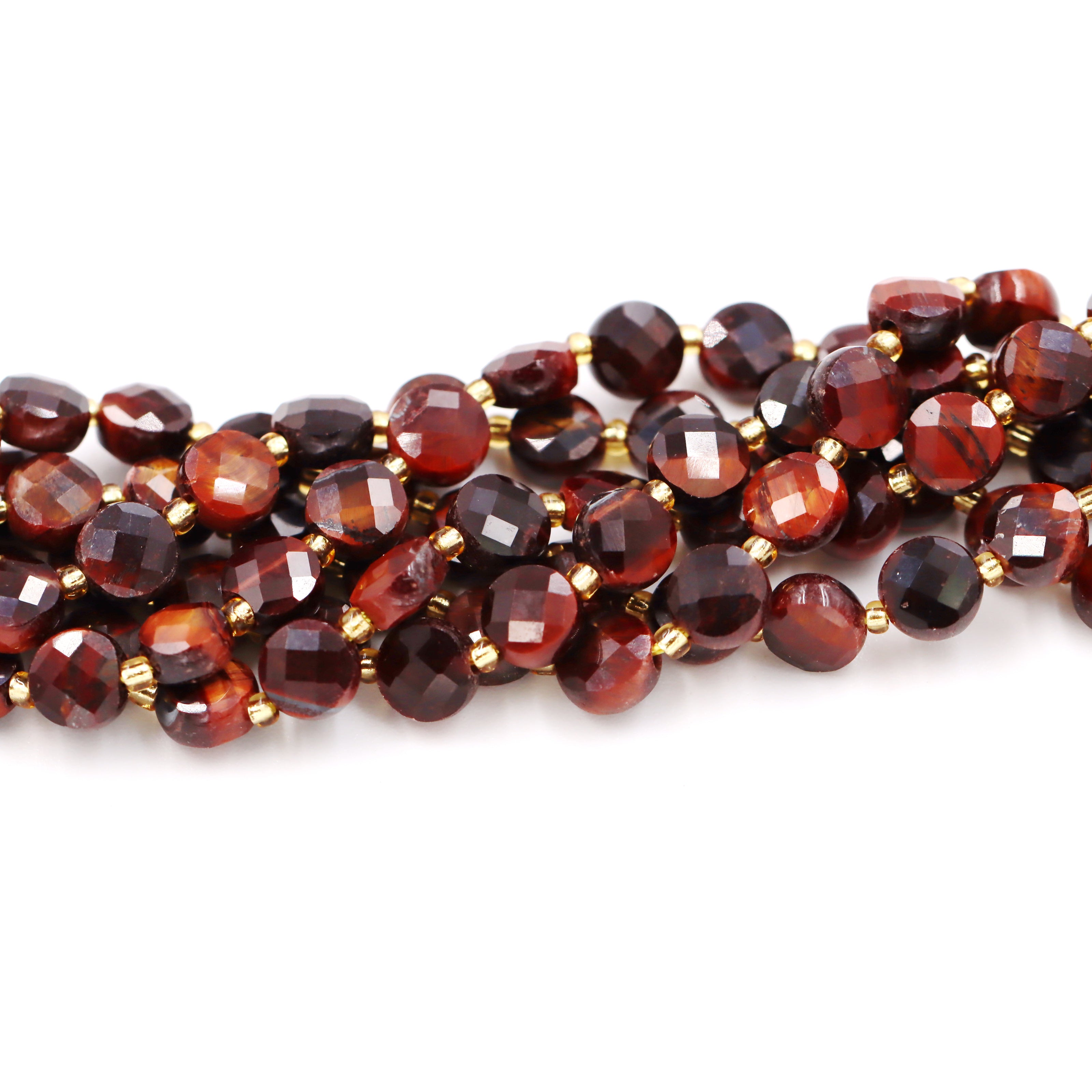 Malahill faceted flat round stone beads for jewelry making, sold per bag 5 strands inside, Red Tiger's Eye beads