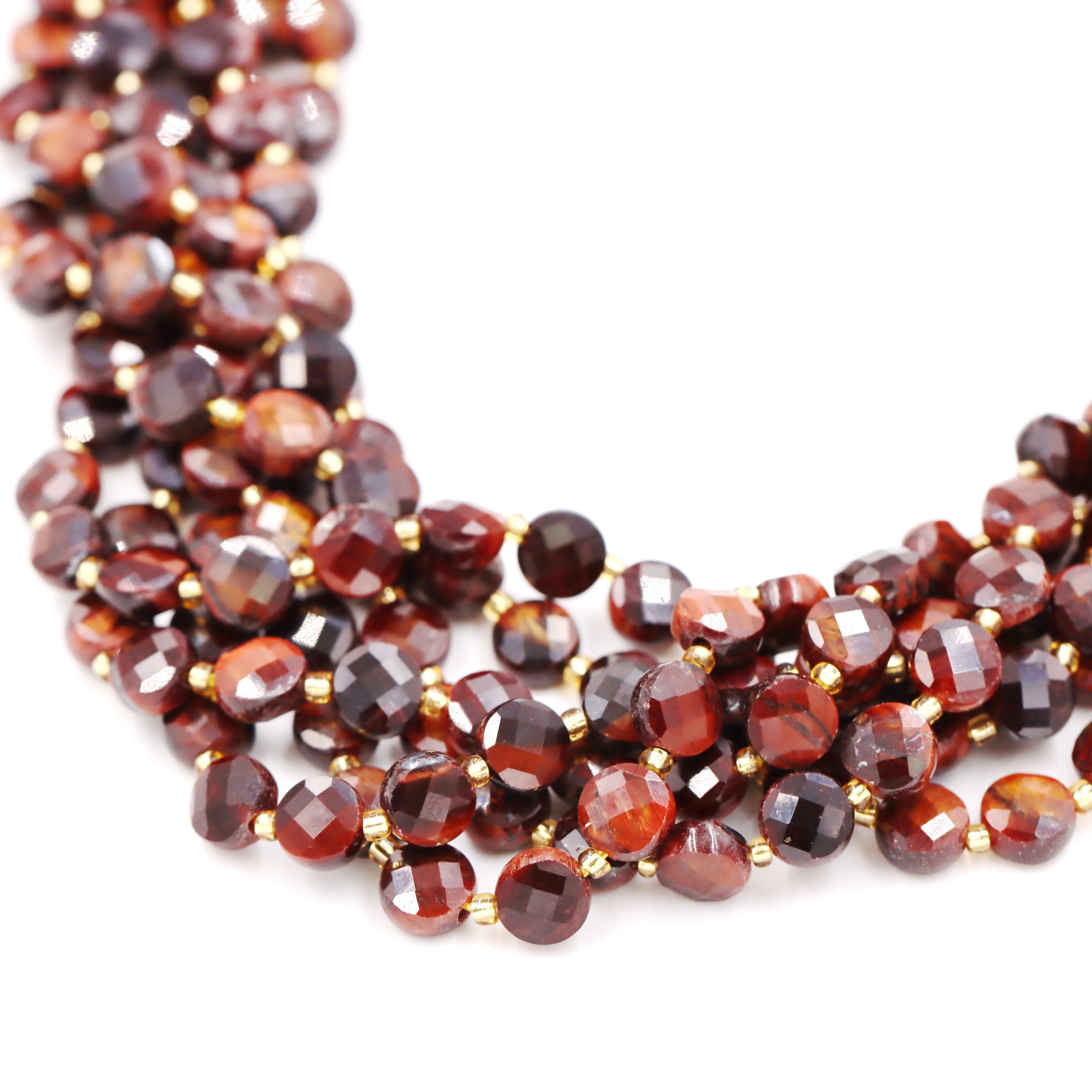 Malahill faceted flat round stone beads for jewelry making, sold per bag 5 strands inside, Red Tiger's Eye beads