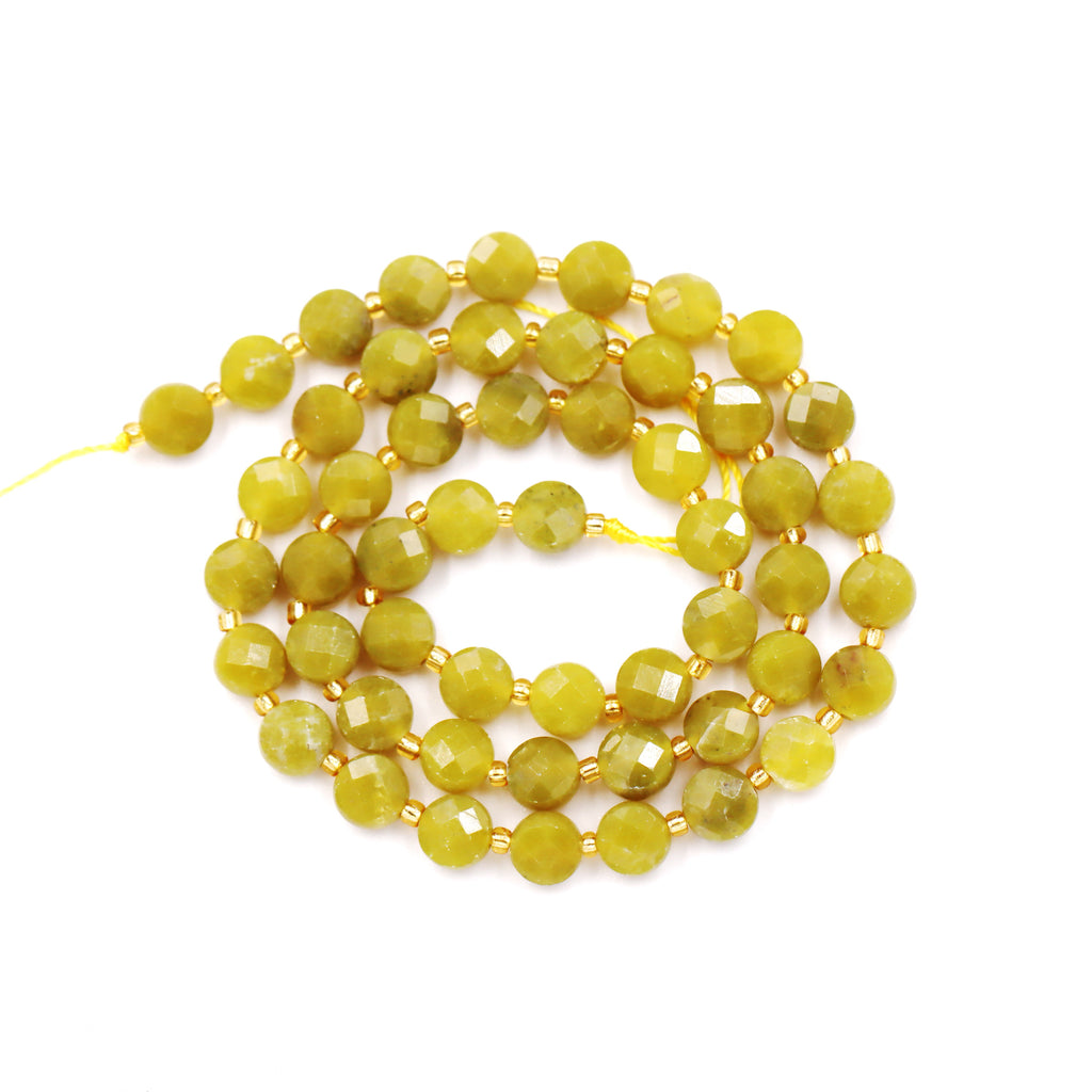 Malahill faceted flat round stone beads for jewelry making, sold per bag 5 strands inside, Lemon Jade beads