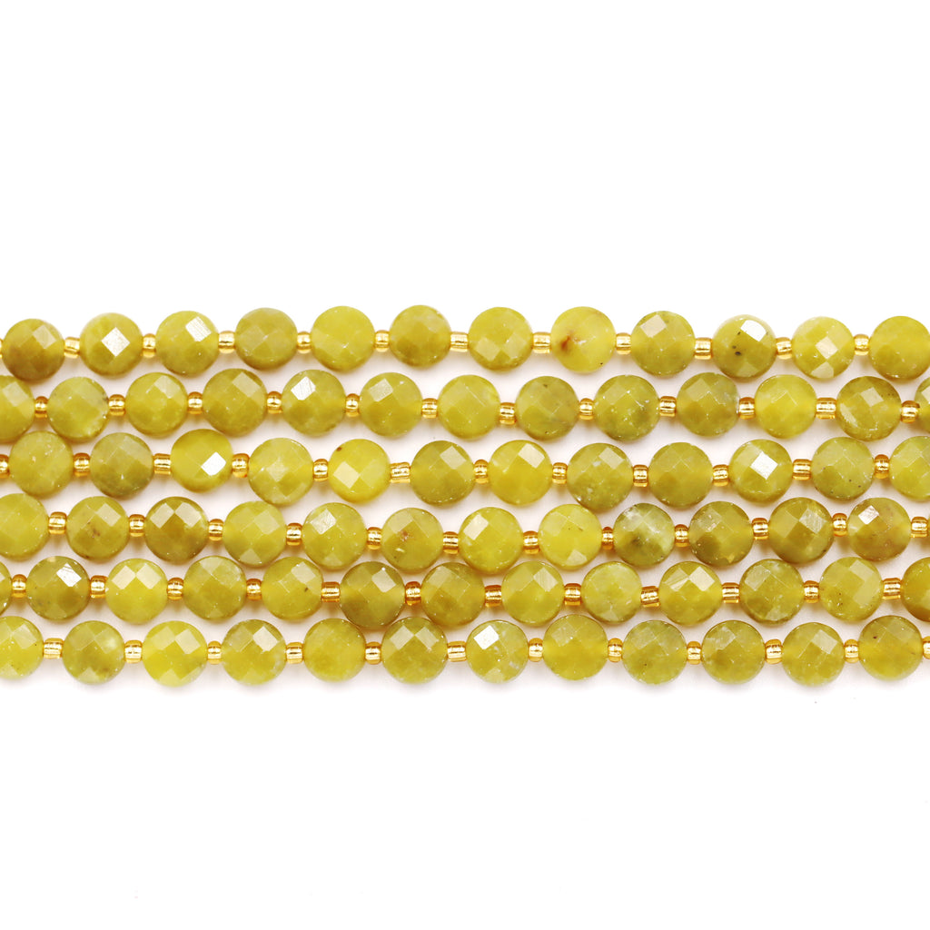 Malahill faceted flat round stone beads for jewelry making, sold per bag 5 strands inside, Lemon Jade beads