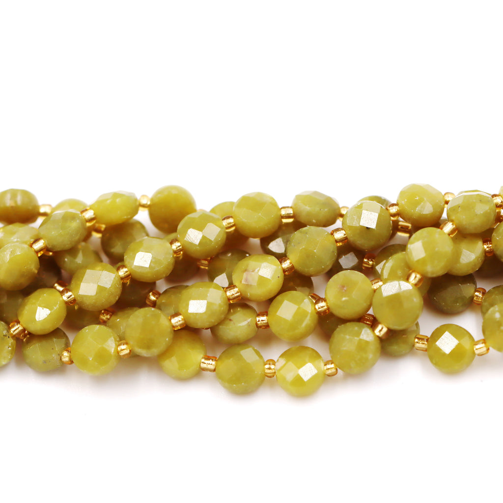 Malahill faceted flat round stone beads for jewelry making, sold per bag 5 strands inside, Lemon Jade beads