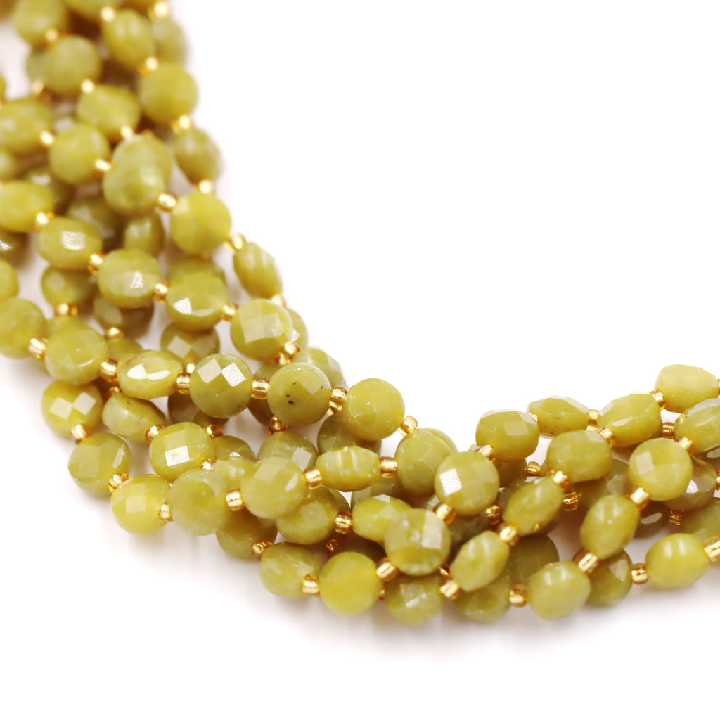 Malahill faceted flat round stone beads for jewelry making, sold per bag 5 strands inside, Lemon Jade beads