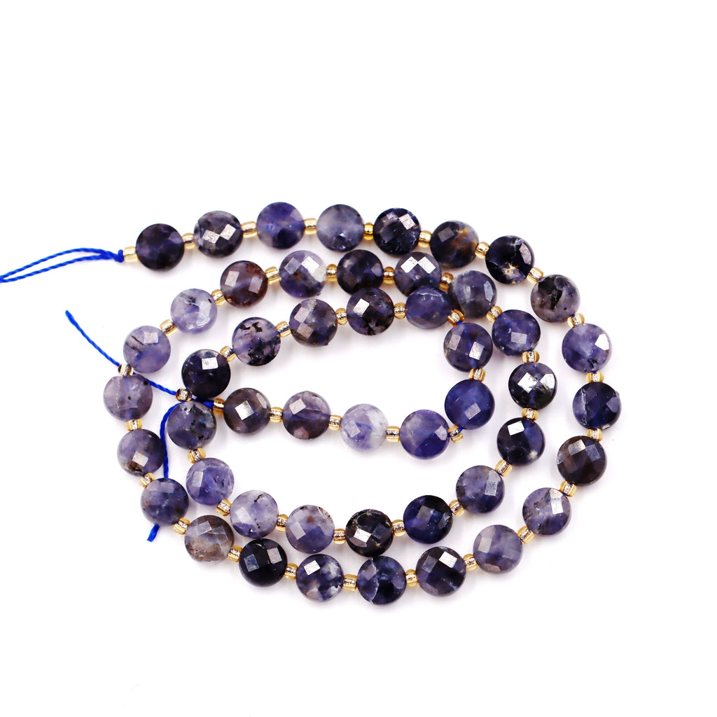 Malahill faceted flat round stone beads for jewelry making, sold per bag 5 strands inside, Iolite beads