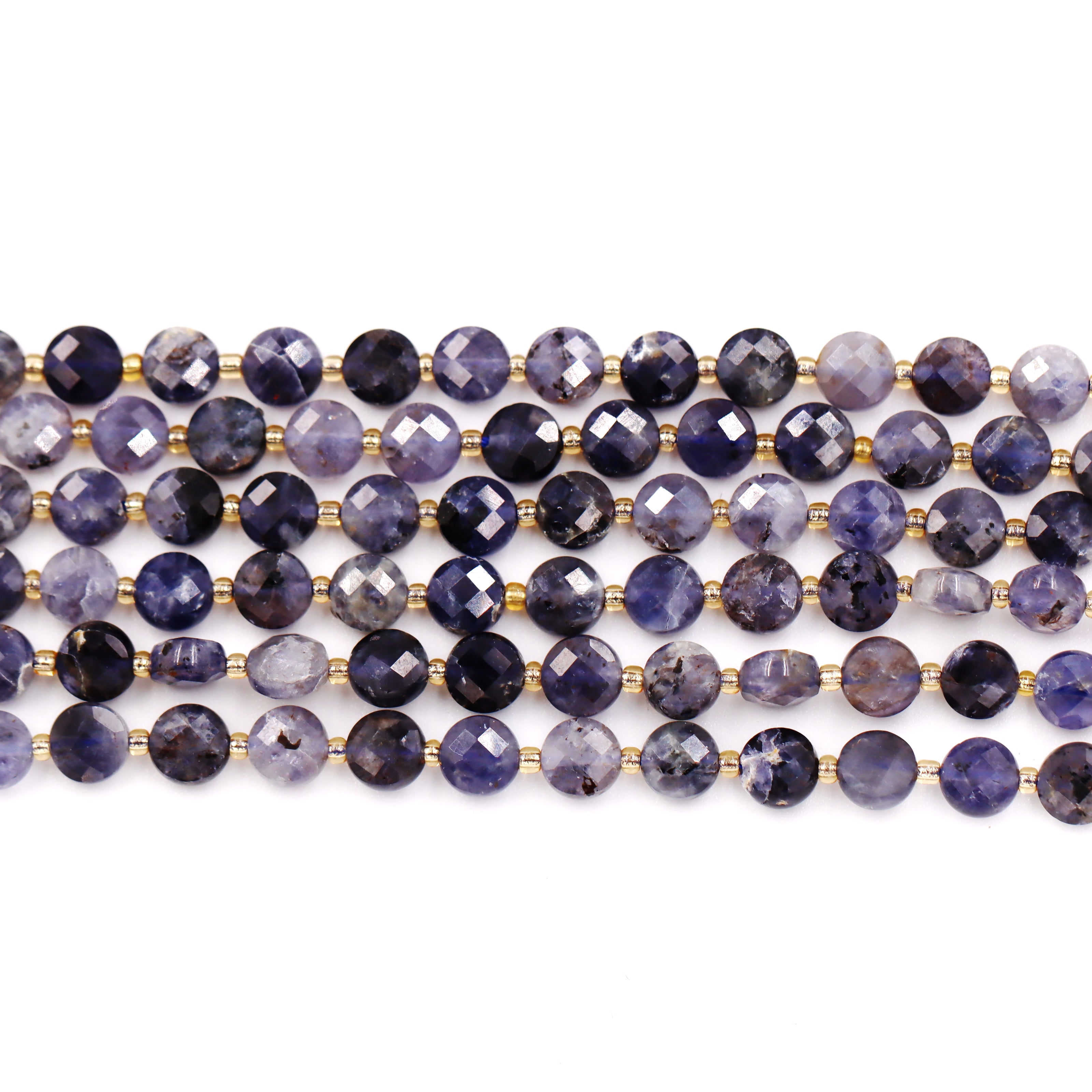 Malahill faceted flat round stone beads for jewelry making, sold per bag 5 strands inside, Iolite beads