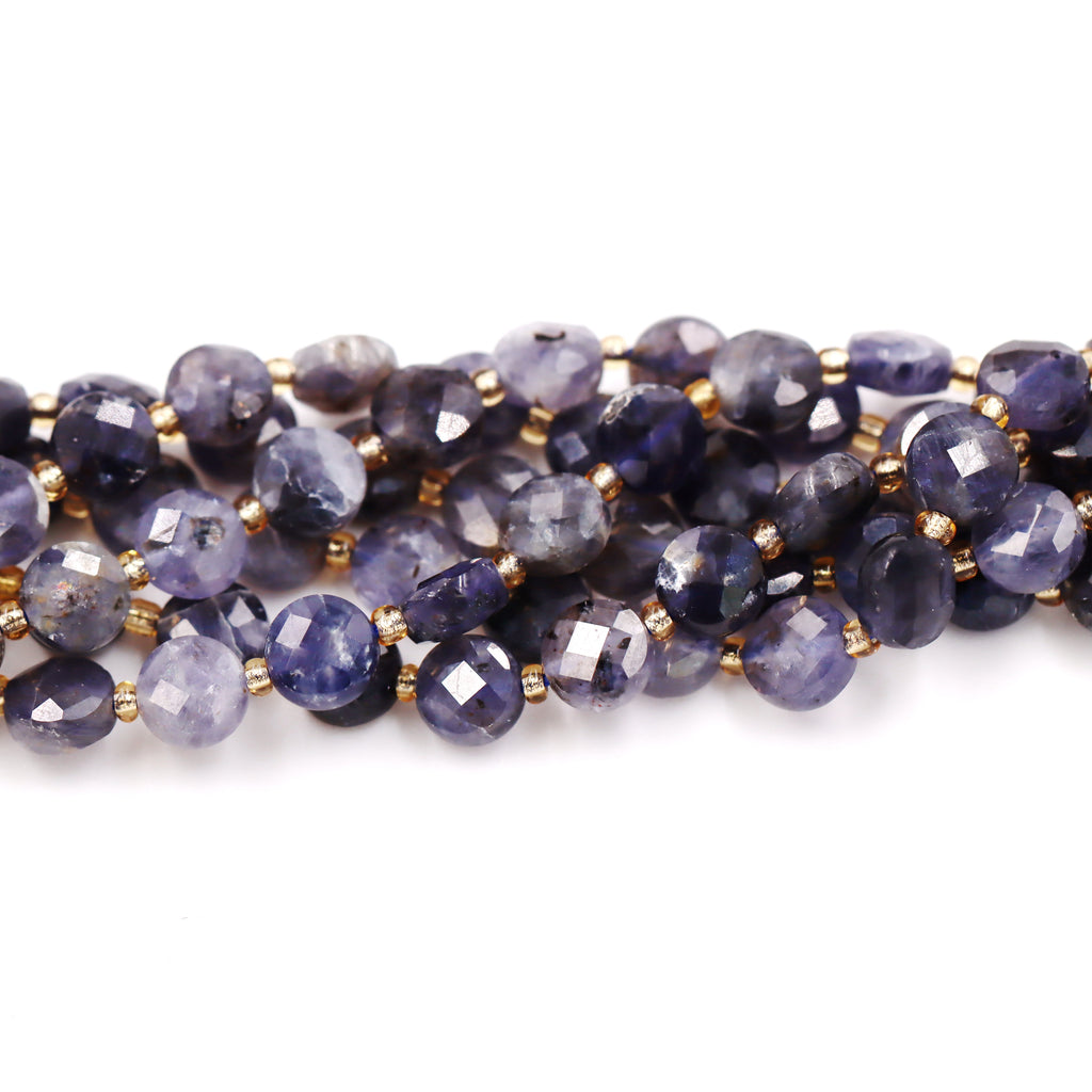 Malahill faceted flat round stone beads for jewelry making, sold per bag 5 strands inside, Iolite beads